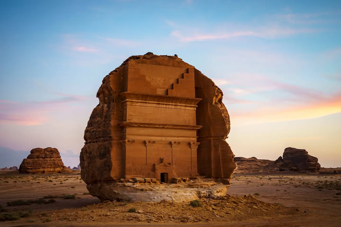 AlUla rock-cut tomb at sunset, Saudi Arabia