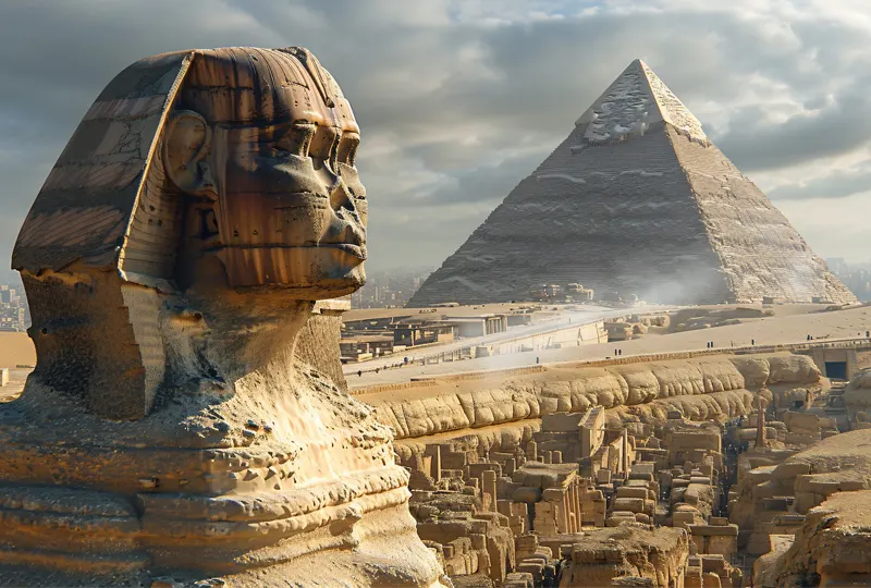 Sphinx overlooking pyramids, Giza Plateau.