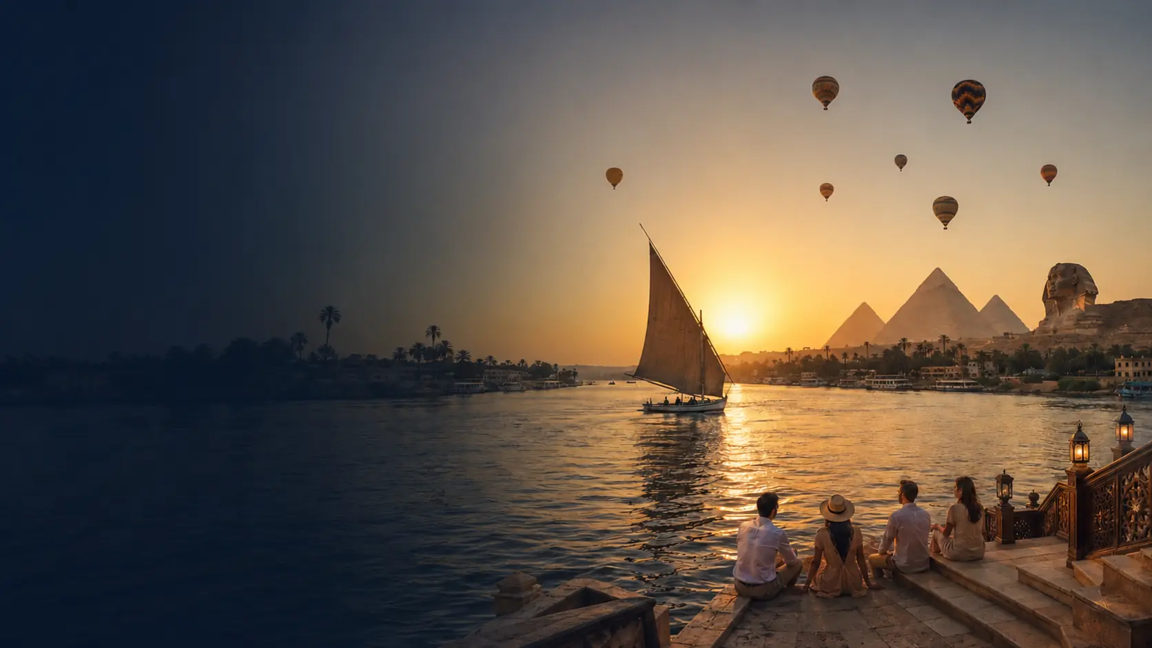 Private travellers watching a Dahabeya sail the Nile beside the Pyramids and Great Sphinx at golden hour